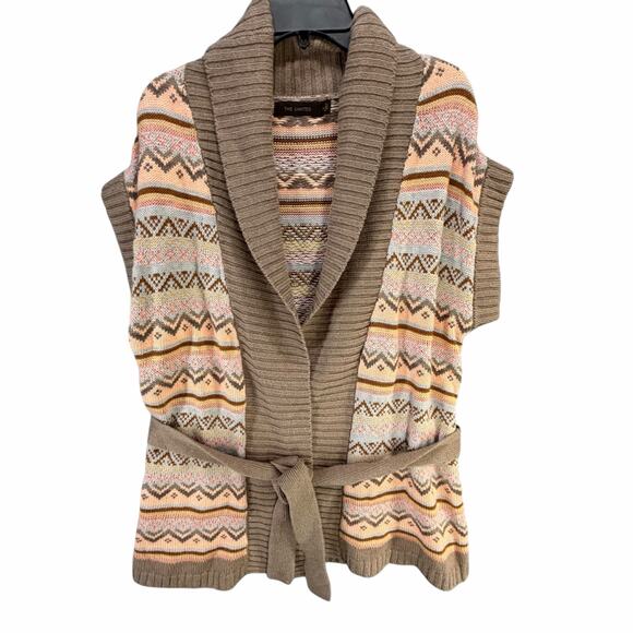 The Limited Sweater Vest Womens S Tan Pink Fair Isle Open Front Belted Cardigan - Picture 2 of 12